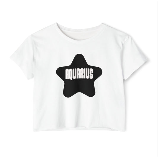 Aquarius Black Star Crop Top – Retro Zodiac Tee