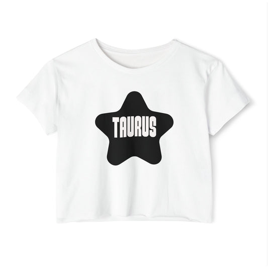 Taurus Black Star Crop Top – Retro Zodiac Tee