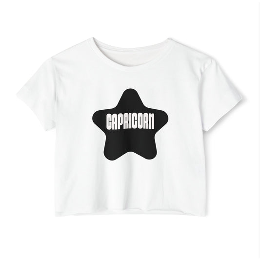 Capricorn Black Star Crop Top – Retro Zodiac Tee